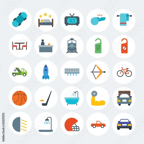 Modern Simple Set of transports, hotel, sports Vector flat Icons. Contains such Icons as  home,  television,  shine,  board,  movie and more on white cricle background. Fully Editable. Pixel Perfect.