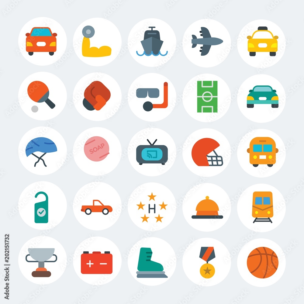Obraz premium Modern Simple Set of transports, hotel, sports Vector flat Icons. Contains such Icons as winter, ball, underground, vehicle, car and more on white cricle background. Fully Editable. Pixel Perfect.