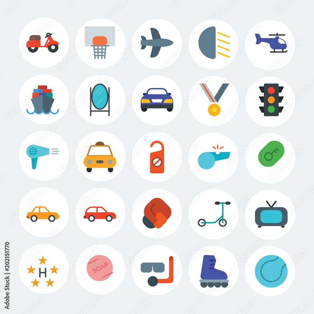 Modern Simple Set of transports, hotel, sports Vector flat Icons. Contains such Icons as  speed,  technology, sport, luxury,  basket and more on white cricle background. Fully Editable. Pixel Perfect.