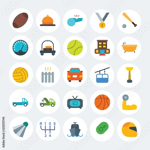 Modern Simple Set of transports, hotel, sports Vector flat Icons. Contains such Icons as  competition, change, motor,  car, key and more on white cricle background. Fully Editable. Pixel Perfect.