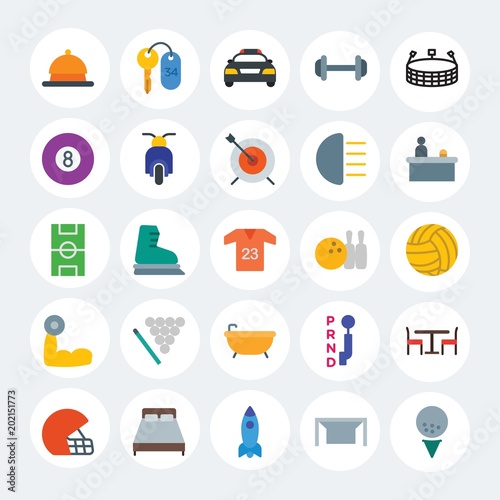 Modern Simple Set of transports, hotel, sports Vector flat Icons. Contains such Icons as ball, salad, winter, interior, change and more on white cricle background. Fully Editable. Pixel Perfect.