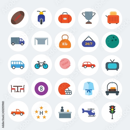Modern Simple Set of transports, hotel, sports Vector flat Icons. Contains such Icons as  aviation,  delivery,  office,  interior and more on white cricle background. Fully Editable. Pixel Perfect.