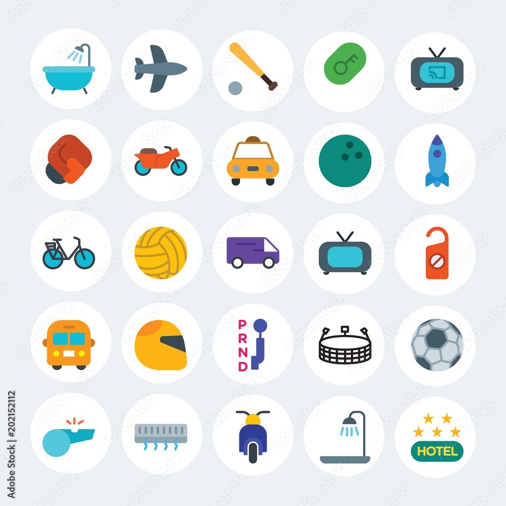 Modern Simple Set of transports, hotel, sports Vector flat Icons. Contains such Icons as  modern,  sport,  luxury, hotel, ball, bath and more on white cricle background. Fully Editable. Pixel Perfect.