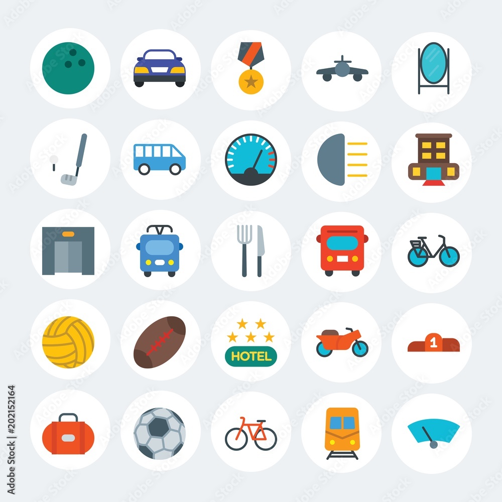 Modern Simple Set of transports, hotel, sports Vector flat Icons. Contains such Icons as  bicycle,  isolated,  football,  glass and more on white cricle background. Fully Editable. Pixel Perfect.