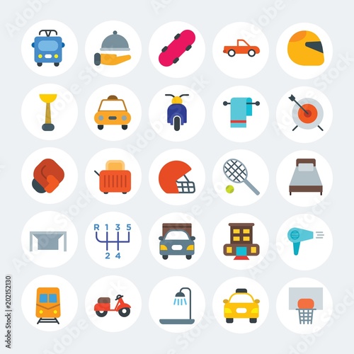 Modern Simple Set of transports, hotel, sports Vector flat Icons. Contains such Icons as food, vehicle, game, kitchen, water and more on white cricle background. Fully Editable. Pixel Perfect.