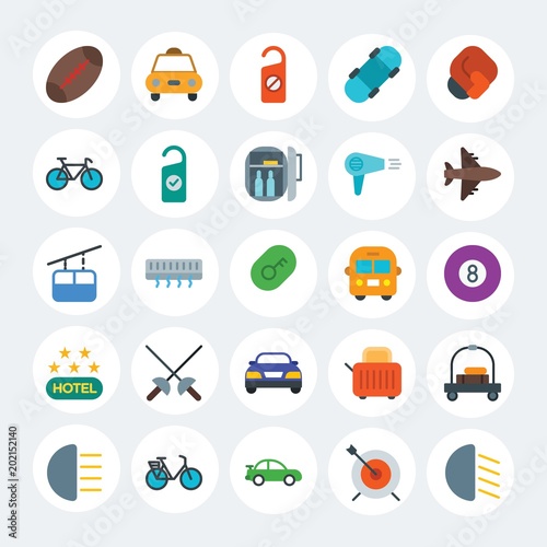 Modern Simple Set of transports, hotel, sports Vector flat Icons. Contains such Icons as  dart, luggage,  cycle,  board,  lifestyle and more on white cricle background. Fully Editable. Pixel Perfect.