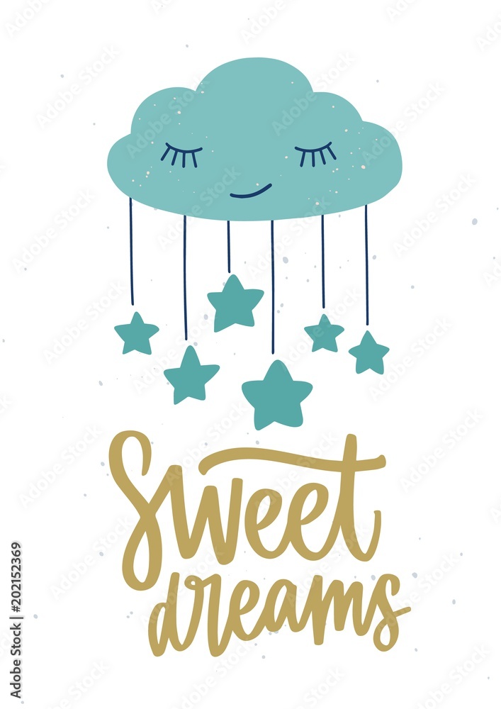 Poster template for children's room with cute sleeping cartoon cloud with  closed eyes, hanging stars and Sweet Dreams inscription handwritten with  cursive calligraphic font. Vector illustration. Stock Vector | Adobe Stock
