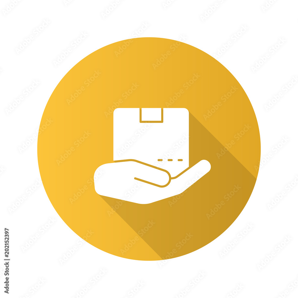 Open hand with parcel flat design long shadow glyph icon Open hand with parcel flat design long shadow glyph icon