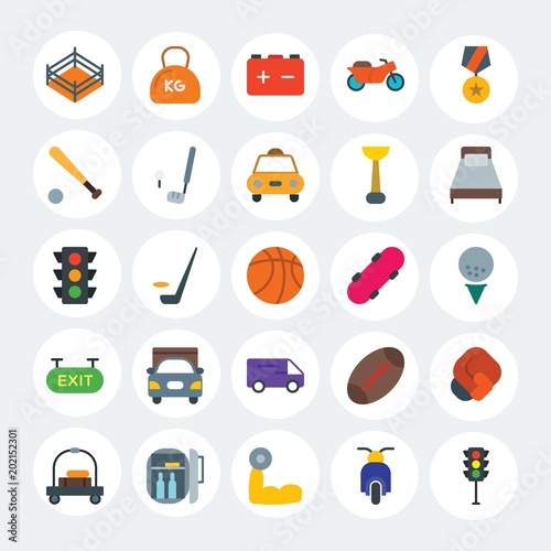 Modern Simple Set of transports, hotel, sports Vector flat Icons. Contains such Icons as  design,  stop, motorbike, bodybuilder, car and more on white cricle background. Fully Editable. Pixel Perfect.