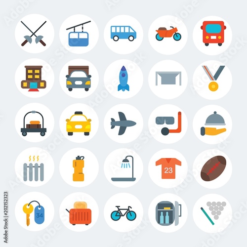 Modern Simple Set of transports, hotel, sports Vector flat Icons. Contains such Icons as bicycle, hotel,  pool,  white,  bus,  style and more on white cricle background. Fully Editable. Pixel Perfect.