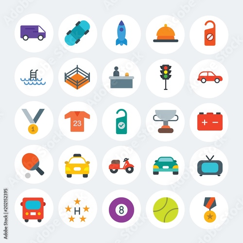 Modern Simple Set of transports, hotel, sports Vector flat Icons. Contains such Icons as bus, snooker, sport, shuttle, freight and more on white cricle background. Fully Editable. Pixel Perfect.