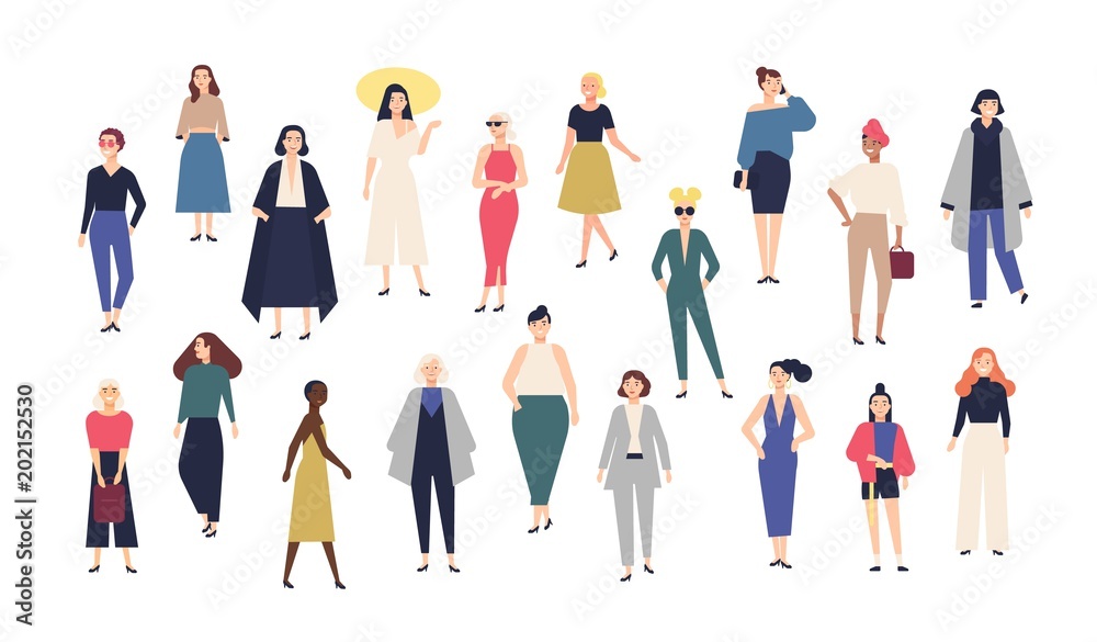 Women's world. Crowd of girls dressed in trendy casual and formal clothes.  Collection of female cartoon characters isolated on white background.  Colorful vector illustration in modern flat style. Stock Vector | Adobe
