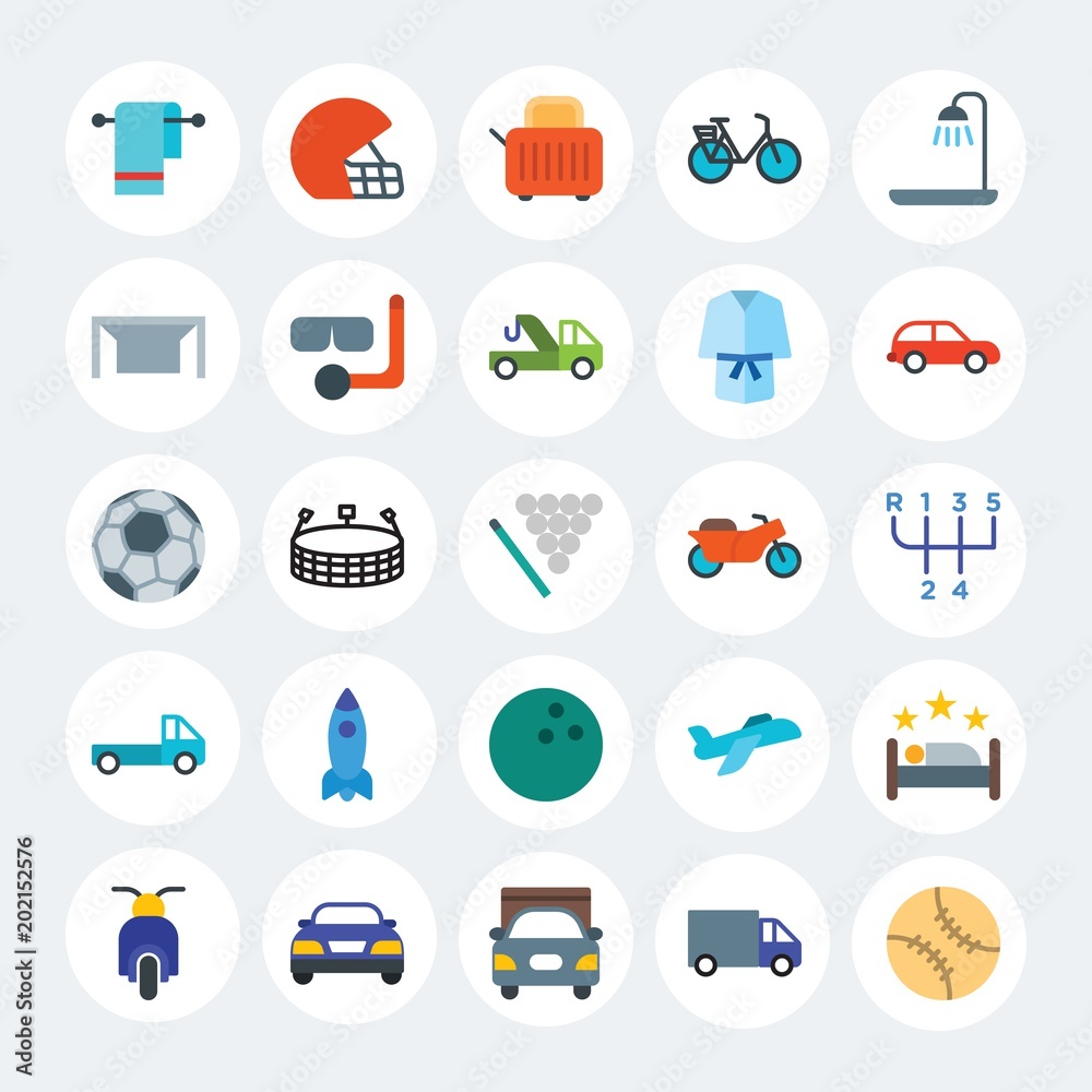 Modern Simple Set of transports, hotel, sports Vector flat Icons. Contains such Icons as  toast,  kitchen,  airplane,  delivery, air and more on white cricle background. Fully Editable. Pixel Perfect.