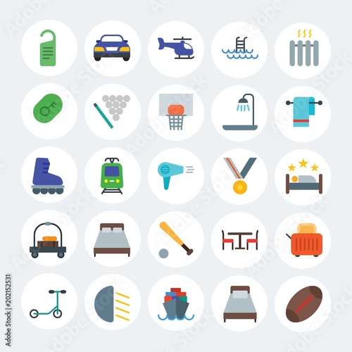 Modern Simple Set of transports, hotel, sports Vector flat Icons. Contains such Icons as  bedroom,  breakfast, bed, scooter,  bread and more on white cricle background. Fully Editable. Pixel Perfect.