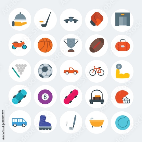 Modern Simple Set of transports, hotel, sports Vector flat Icons. Contains such Icons as  golf,  aircraft,  football,  plane,  sport and more on white cricle background. Fully Editable. Pixel Perfect.