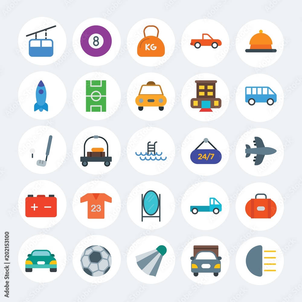 Modern Simple Set of transports, hotel, sports Vector flat Icons. Contains such Icons as food, transport, carrier, leisure, ball and more on white cricle background. Fully Editable. Pixel Perfect. Modern Simple Set of transports, hotel, sports Vector flat Icons. Contains such Icons as food, transport, carrier, leisure, ball and more on white cricle background. Fully Editable. Pixel Perfect.