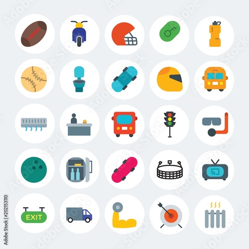 Modern Simple Set of transports, hotel, sports Vector flat Icons. Contains such Icons as  concept,  exit,  bike,  home,  motorcycle and more on white cricle background. Fully Editable. Pixel Perfect.