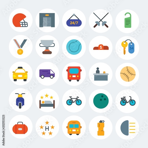 Modern Simple Set of transports, hotel, sports Vector flat Icons. Contains such Icons as  open, travel, seductive,  sexy, elevator and more on white cricle background. Fully Editable. Pixel Perfect.