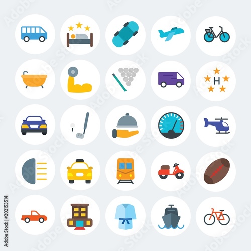 Modern Simple Set of transports, hotel, sports Vector flat Icons. Contains such Icons as  grass,  skateboard,  bike, motorbike, bike and more on white cricle background. Fully Editable. Pixel Perfect.