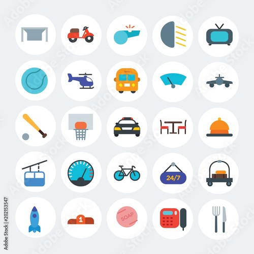 Modern Simple Set of transports, hotel, sports Vector flat Icons. Contains such Icons as illustration, transportation, light, car and more on white cricle background. Fully Editable. Pixel Perfect.