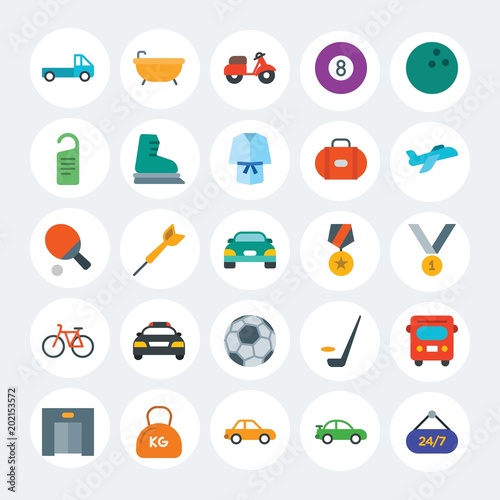 Modern Simple Set of transports, hotel, sports Vector flat Icons. Contains such Icons as arrow, icon, floor, motorcycle, dart and more on white cricle background. Fully Editable. Pixel Perfect.