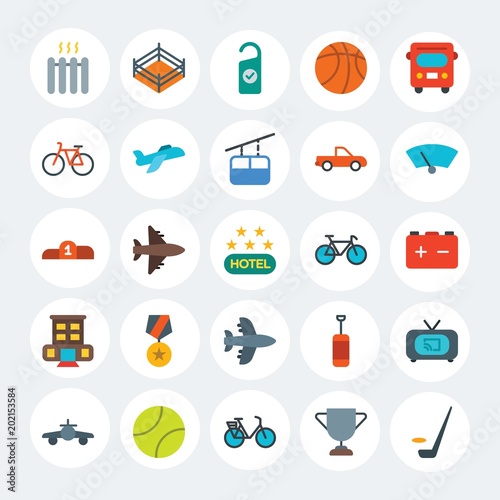 Modern Simple Set of transports, hotel, sports Vector flat Icons. Contains such Icons as flat, air, competition, door, boxing and more on white cricle background. Fully Editable. Pixel Perfect.