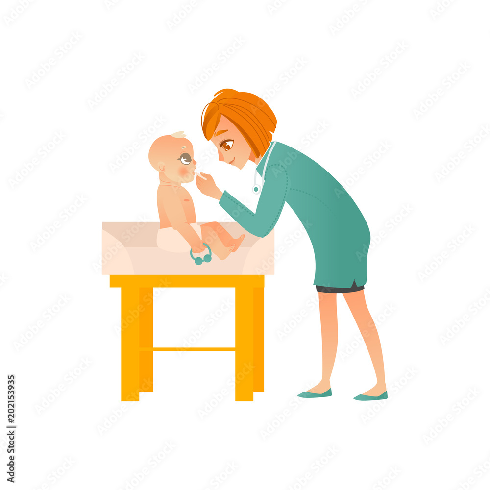 Female pediatrician doctor examines baby on scheduled checkup isolated on white background - medical professional checks child throat and mouth in office, cartoon vector illustration. Female pediatrician doctor examines baby on scheduled checkup isolated on white background - medical professional checks child throat and mouth in office, cartoon vector illustration.