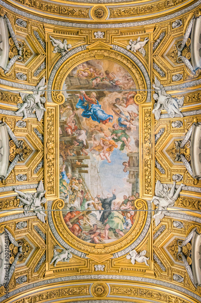 The painted vault by Pietro da Cortona, in the Church of Santa Maria in Vallicella (or Chiesa Nuova), in Rome, Italy.