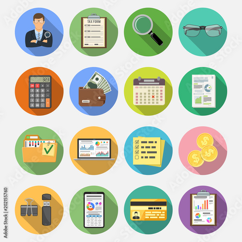 Auditing, Tax, Accounting Flat Icons Set