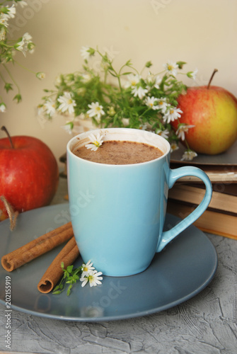 Blue Cup of Coffee milk hot drink cinnamon sticks Books Red Apples Camomile Flower Buquet