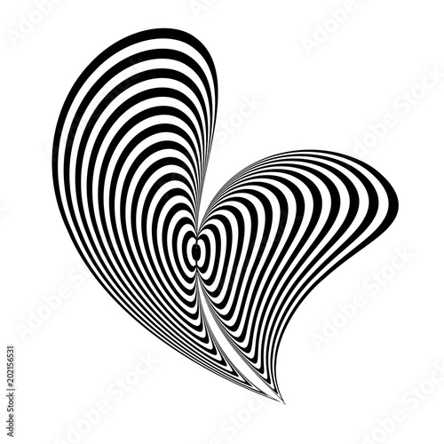 Abstract black and white striped shape. Geometric pattern with visual distortion effect. Optical illusion. Op art.Isolated on white background.