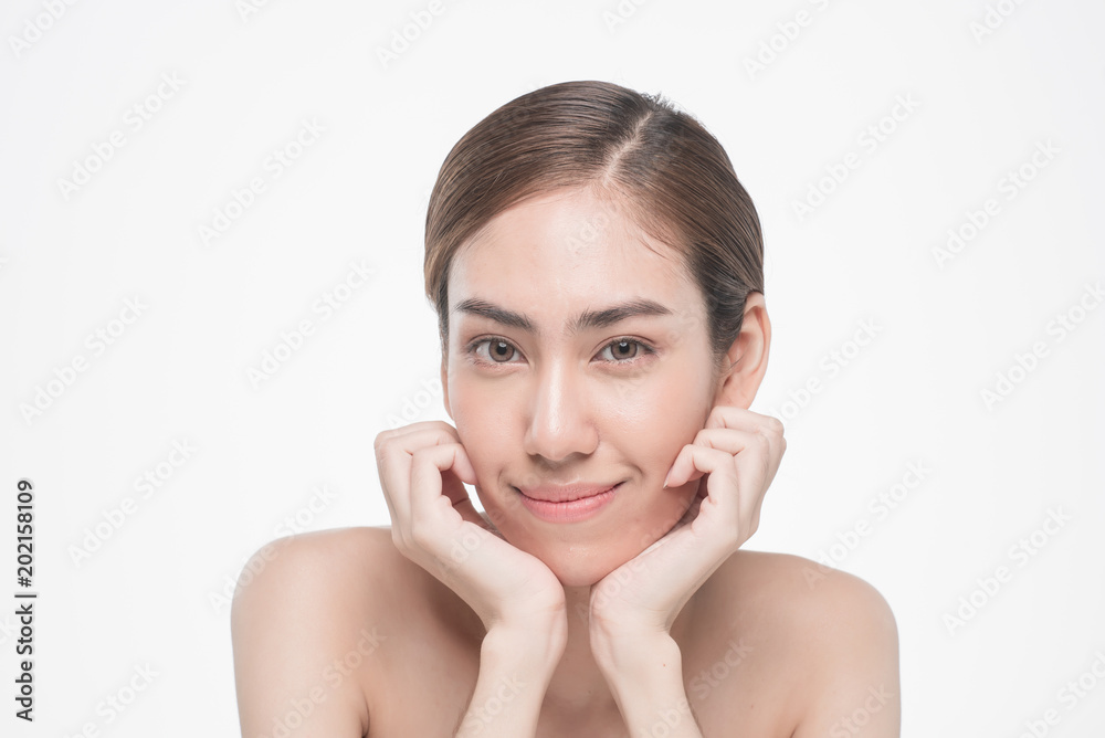 Young beautiful asia woman touching her face isolated on white background concept skincare cosmetic Young beautiful asia woman touching her face isolated on white background concept skincare cosmetic