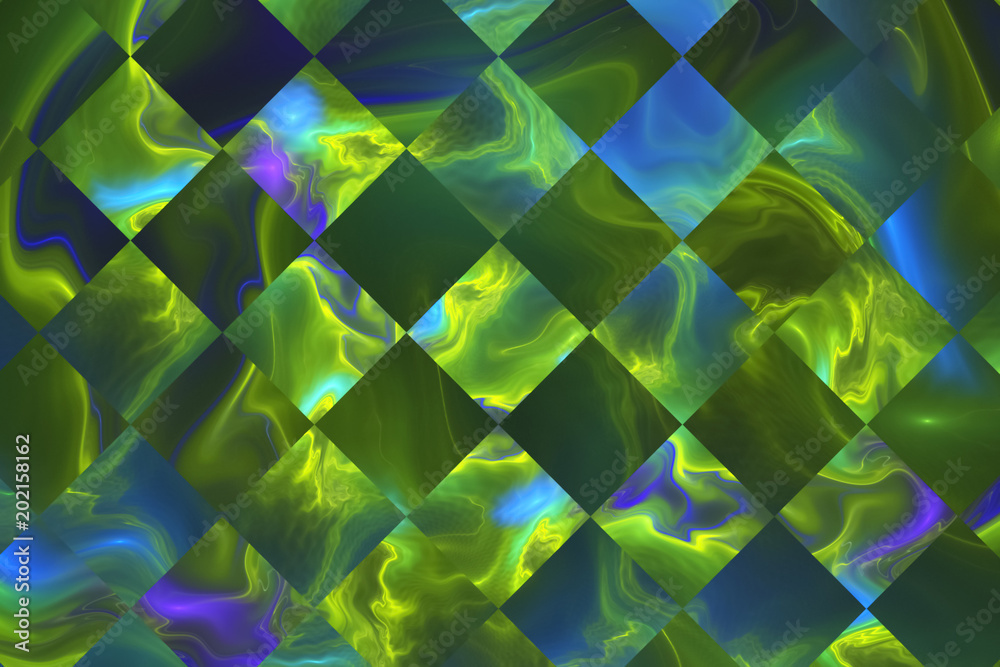 Fototapeta Abstrakcjonistyczna w kratkę tekstura z kolorowymi zielonymi i błękitnymi kształtami. Fraktal fantasy tło. Sztuka cyfrowa. Renderowania 3D.
