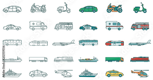 Transportation icons set. City cars and vehicles transport. Car, ship, airplane, train, motorcycle, helicopter. Outline icons. Vector