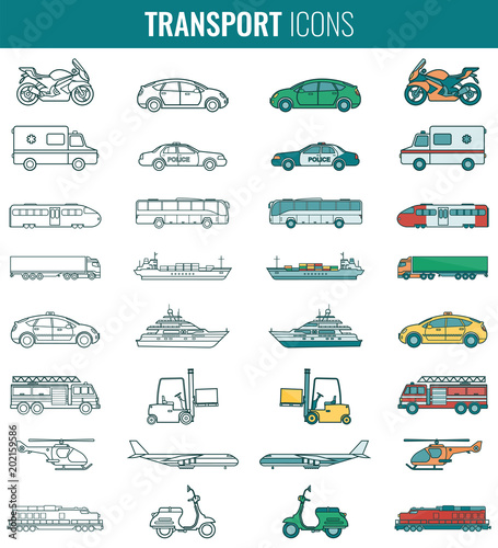 Transportation icons set. City cars and vehicles transport. Car, ship, airplane, train, motorcycle, helicopter. Outline icons. Vector
