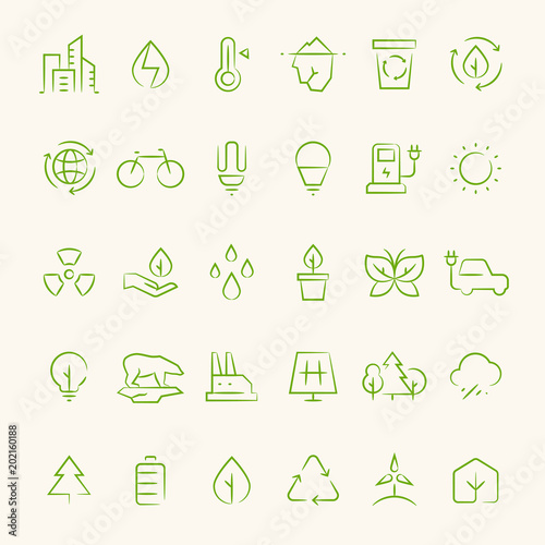 Ecology and recycling outline symbols. Eco and green environment vector line icons