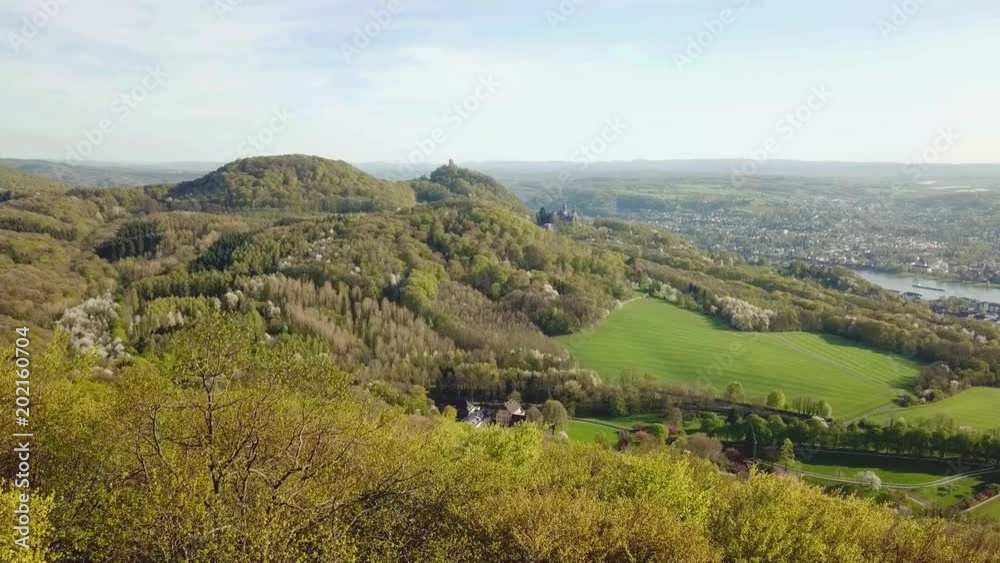 Drone Aerial Video view Siebengebirge Landscape in Koenigswinter Drachenfels and Rhine Bonn Germany Drone Aerial Video view Siebengebirge Landscape in Koenigswinter Drachenfels and Rhine Bonn Germany