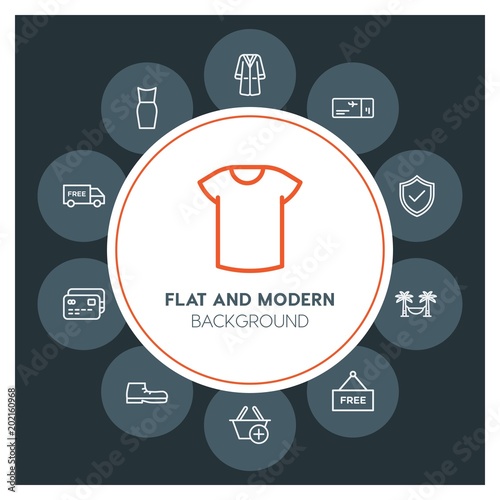 clothes, shopping, travel Infographic Circle outline Icons Set. Contains such Icons as  business,  website,  elements,  background,  pattern,  illustration, new and more. Fully Editable. Pixel Perfect