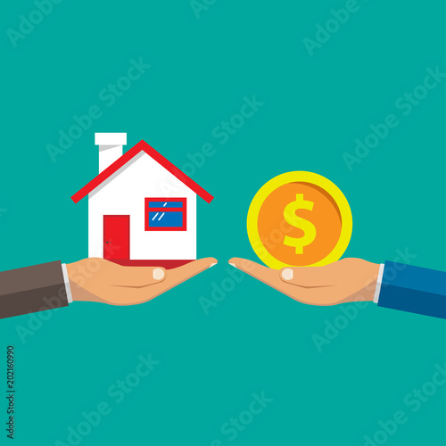 A hand agent with a house in the palm of your hand. Exchange of a house for money. Proposal of buying a house, renting real estate. Giving, offering, demonstrating, handing.