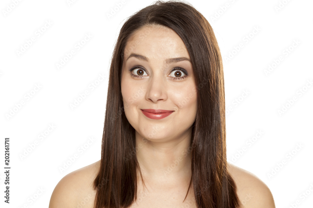 Portrait of young smiling woman with makeup on white background Portrait of young smiling woman with makeup on white background