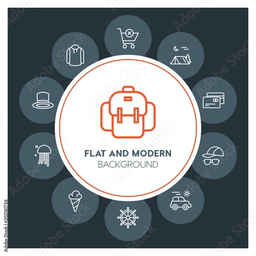 clothes, shopping, travel Infographic Circle outline Icons Set. Contains such Icons as  business,  website,  elements,  background,  pattern,  illustration, hat and more. Fully Editable. Pixel Perfect