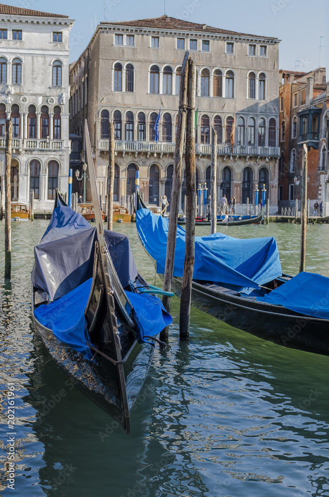 Gondols in Grand Canal. Cityscape of Venice, Italy, Europe