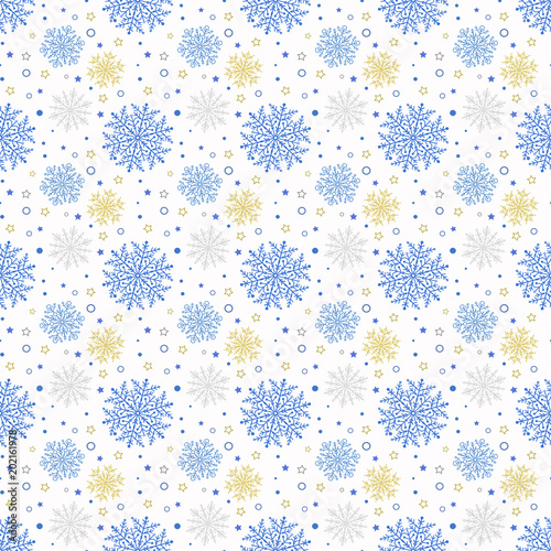 Winter background with small and big blue and golden snowflakes and stars. Seamless abstract background. Pattern with different snowflakes