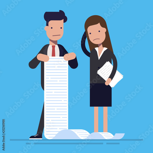 Young office workers with a large list of tasks. The concept of impossible work. Cartoon flat vector illusration isolated on blue background.