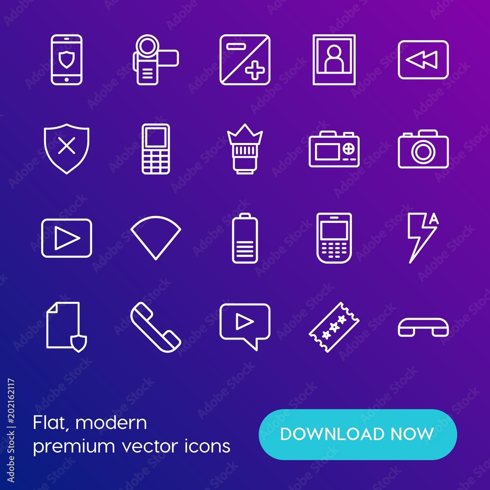 Modern Simple Set of mobile, security, video, photos Vector outline Icons. Contains such Icons as  security,  iso,  business, arrow,  no and more on gradient background. Fully Editable. Pixel Perfect.