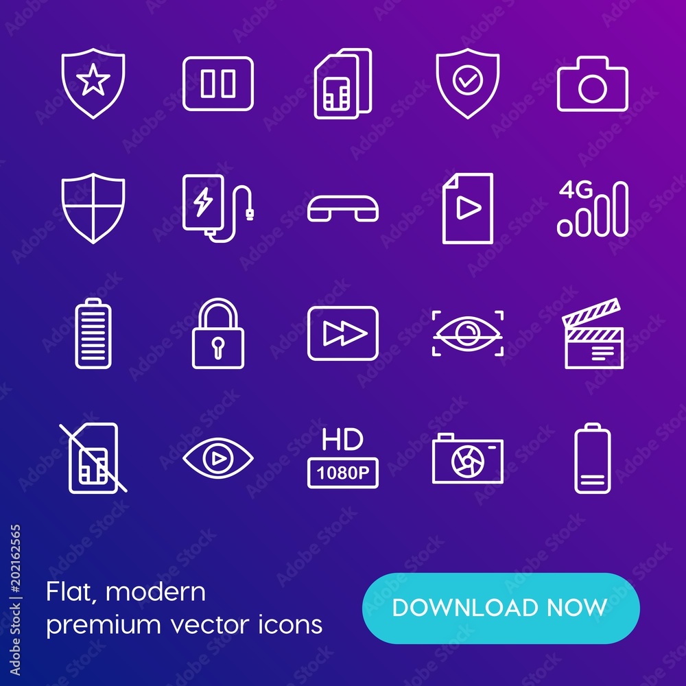 Modern Simple Set of mobile, security, video, photos Vector outline Icons. Contains such Icons as  lock, telephone,  charge,  energy, hd and more on gradient background. Fully Editable. Pixel Perfect.