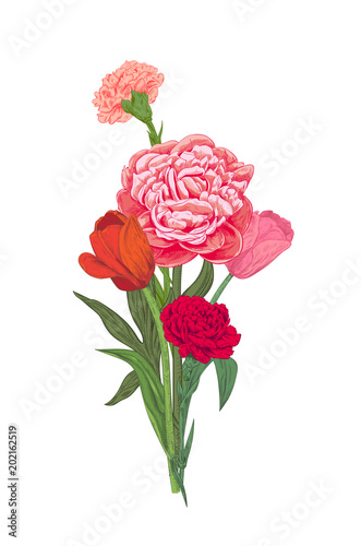 Bouquet of red, pink, yellow flowers: carnation, peony, tulip, green leaves o...