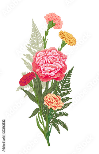 Bouquet of red, pink, yellow flowers and greenery: carnation, peony, green le...
