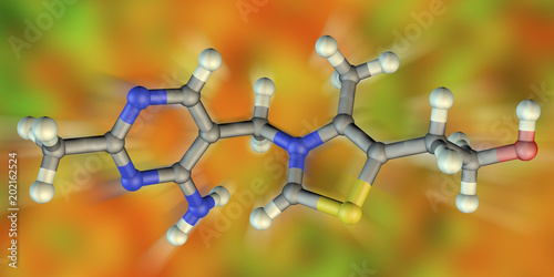 Molecular model of vitamin B1, thiamine, 3D illustration. A vitamin of B group with erythropoietic, antioxidant, glucose-regulating and mood modulating activities. photo