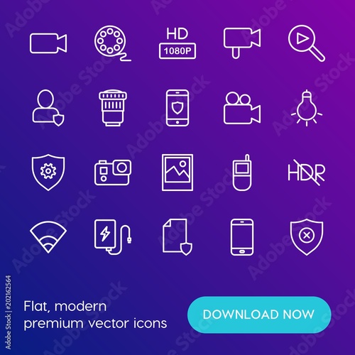 Modern Simple Set of mobile, security, video, photos Vector outline Icons. Contains such Icons as file,  film, movie,  action,  internet and more on gradient background. Fully Editable. Pixel Perfect.
